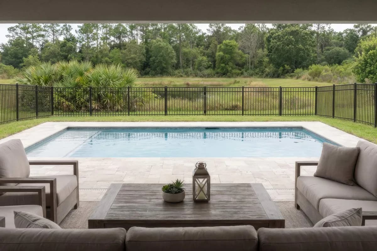 Black aluminum fence around a backyard pool