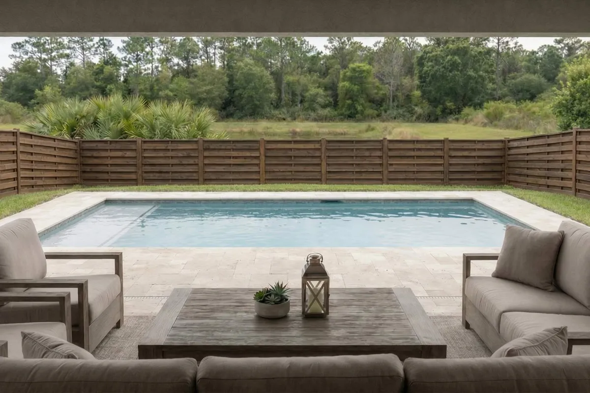 Horizontal wood privacy fence around a Florida pool, ASAP install